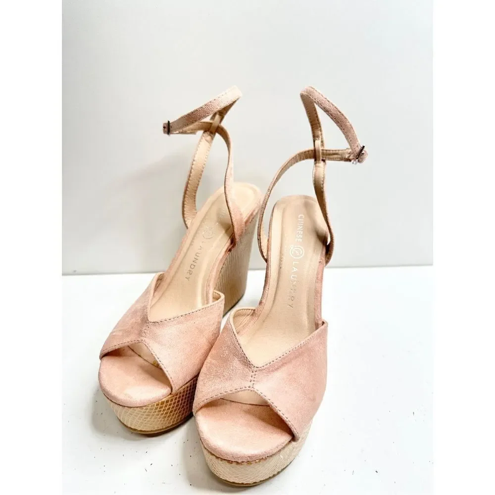 Chinese Laundry Wedge Sandals Womens Size 7 Pink Ankle‎ Strap Open Toe